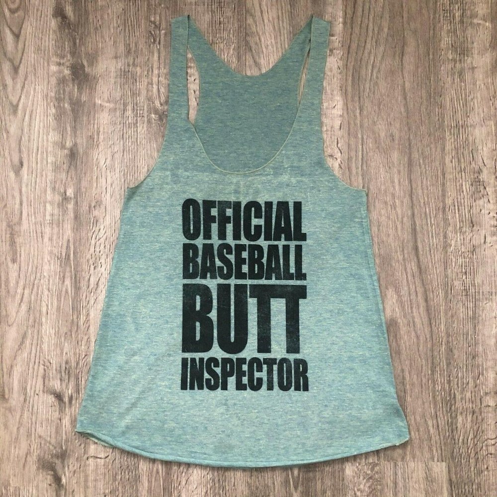 Funny LOL Humor "Official Baseball Butt Inspector" Green Tank Top Size Medium